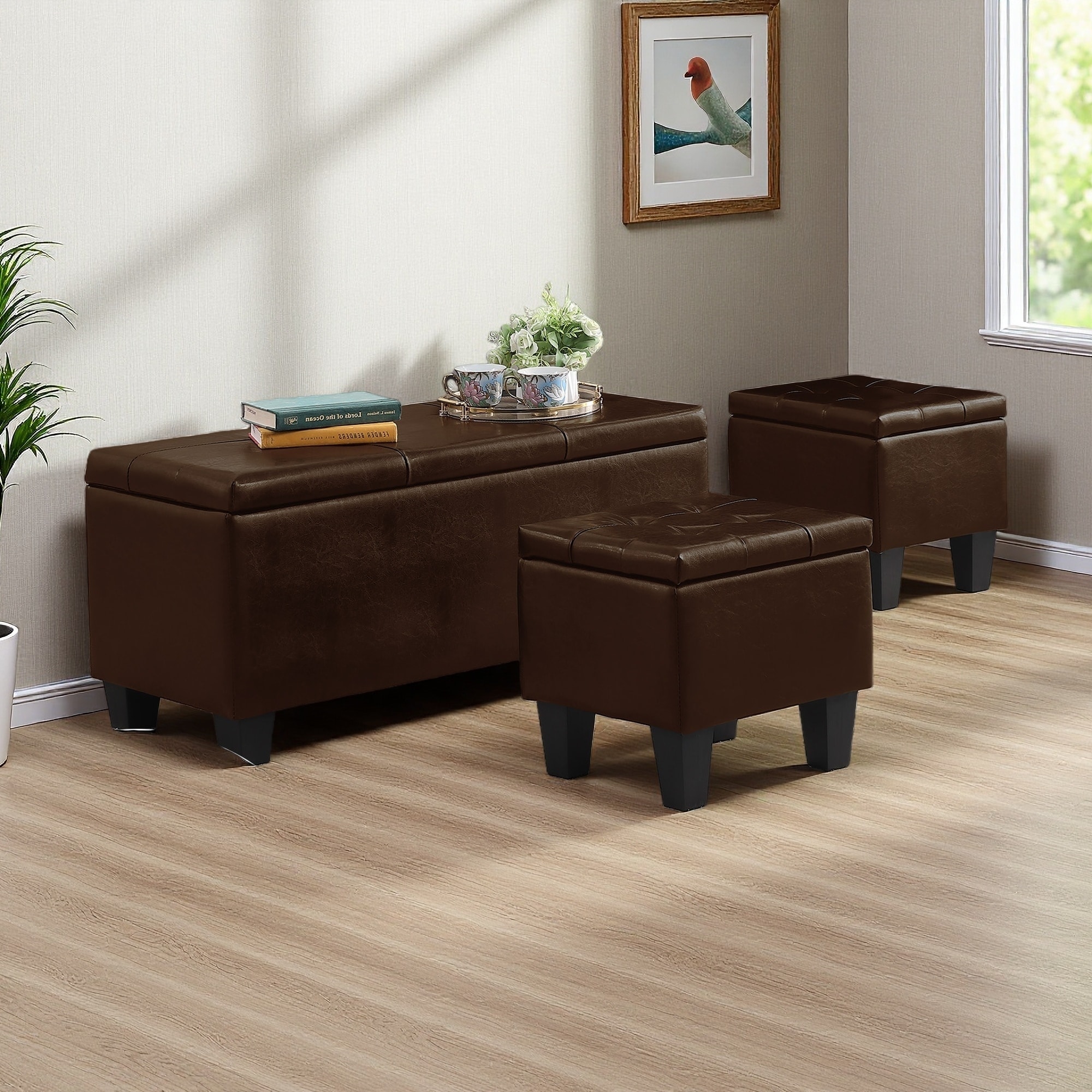 38.58"L 3-in-1 Large Storage Ottoman Bench Set, Tufted Linen Ottoman, 250 lbs Capacity, Multifunctional Storage for Living Room