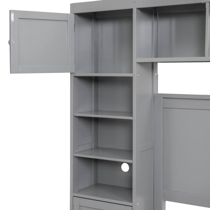 Grey Full Wooden Bed with Built-In Storage Cabinet, Shelf, Drawers, and USB Ports