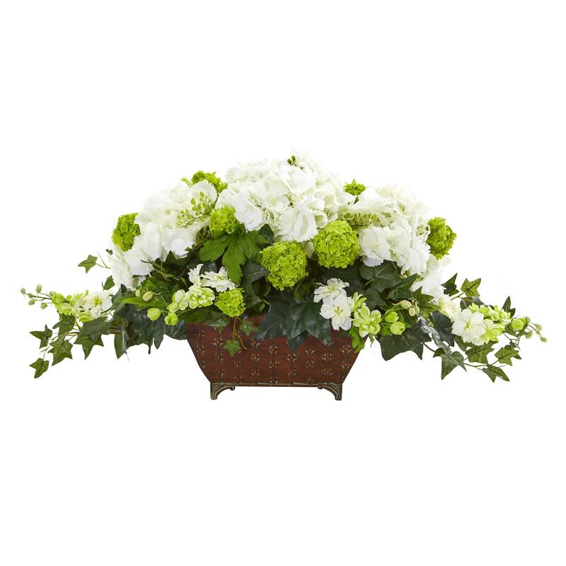 Artificial Flower Arrangement Silver Bowl, 14In Holiday Decor, Silk Blossoms Winter Whites & Greenery - White - 5