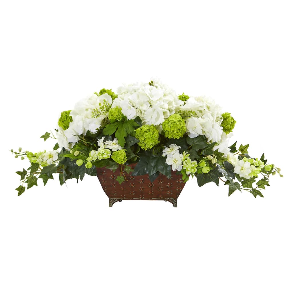 Artificial Flower Arrangement Silver Bowl, 14In Holiday Decor, Silk Blossoms Winter Whites & Greenery - White - 5