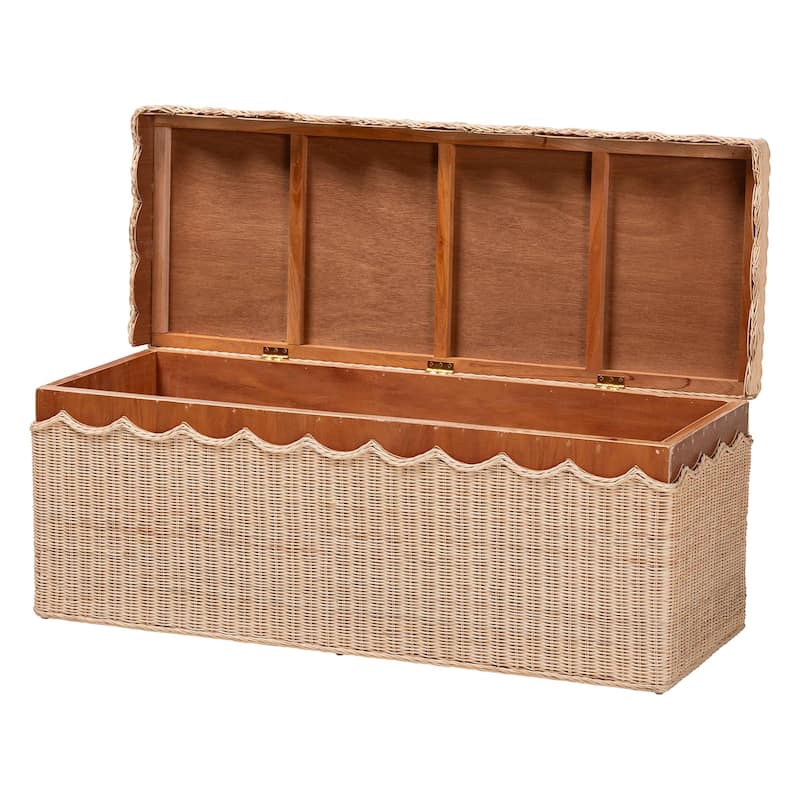 Damita Scallop Natural Rattan Chest with Lift-top - Coastal Boho Style Storage Bench for Bedroom, Entryway, or Living Room