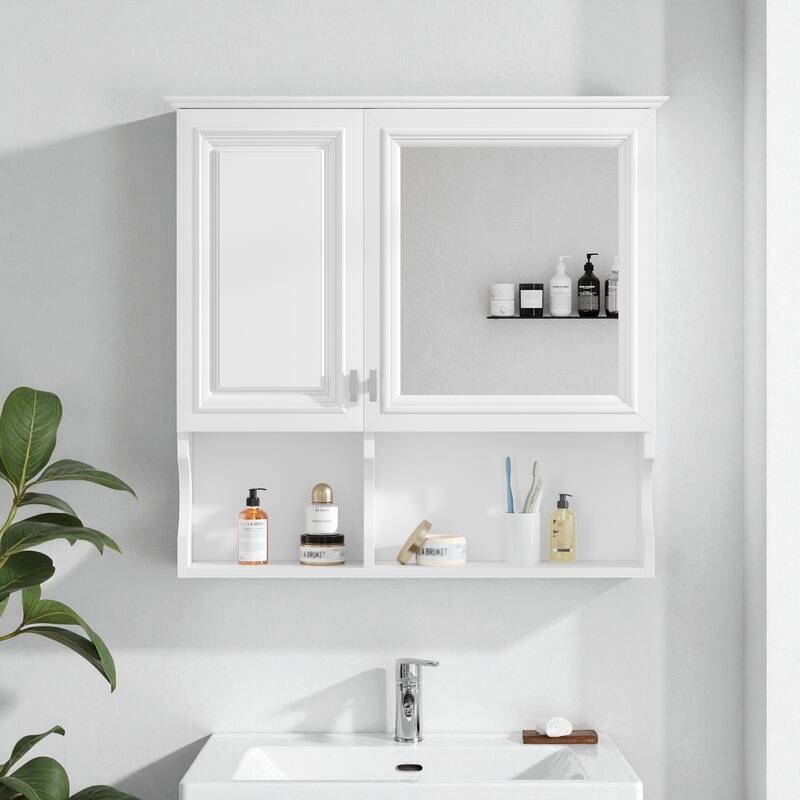 30" Wall Mounted Mirror Medicine Cabinet with Adjustable Shelf, Bathroom Storage Cabinet with Doors and Open Shelves - White