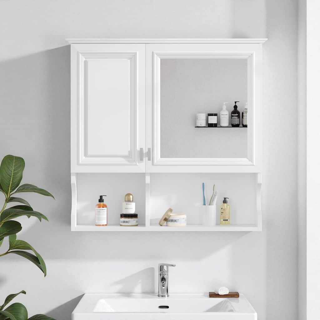 30" Wall Mounted Mirror Medicine Cabinet with Adjustable Shelf, Bathroom Storage Cabinet with Doors and Open Shelves