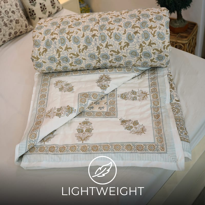 Fabdivine Hand Block Print Green Brown 100% Cotton Quilt Textured Floral Heritage Weave, Reversible Handmade Statement Bedspread