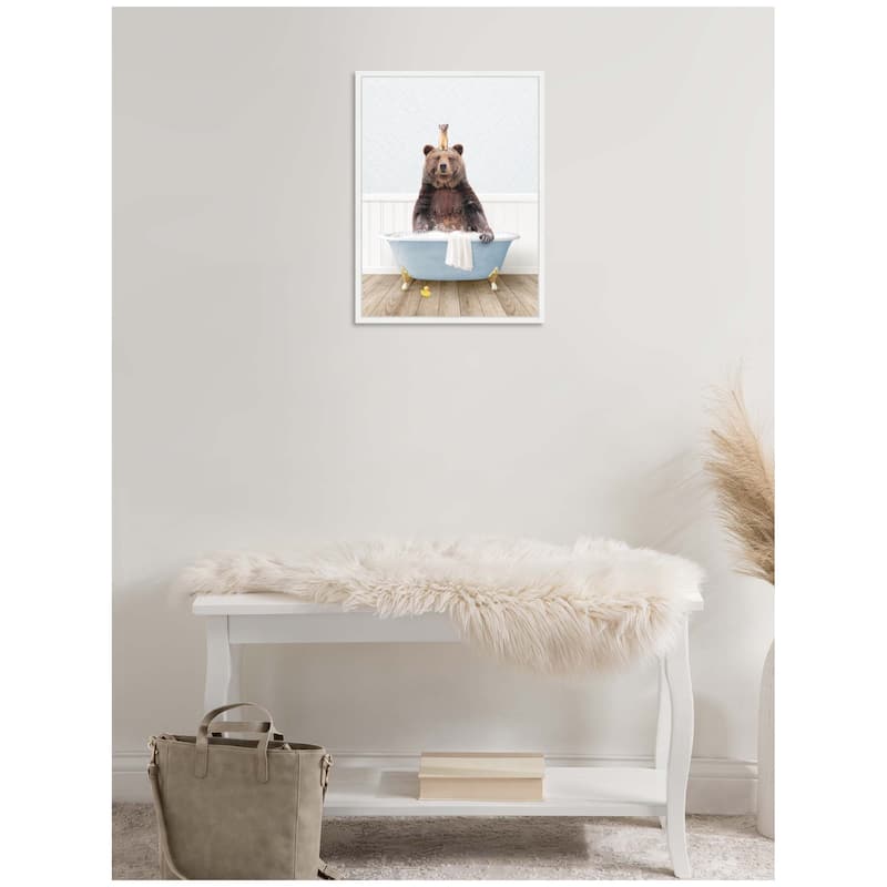 Kate and Laurel Sylvie Bear and Weasel in Cottage Blue Bathtub Framed Canvas by Amy Peterson