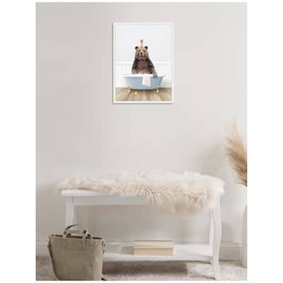 Kate and Laurel Sylvie Bear and Weasel in Cottage Blue Bathtub Framed Canvas by Amy Peterson
