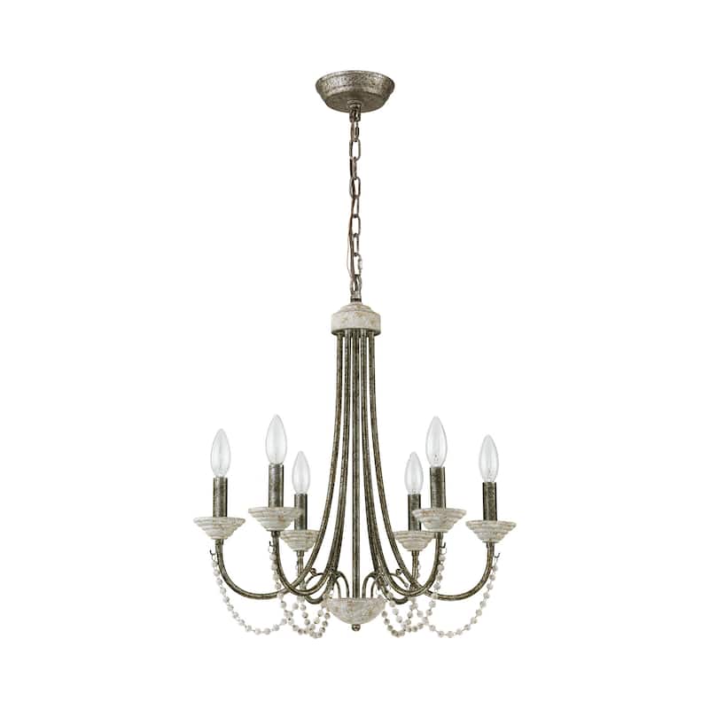 6-Light 20" Rustic French White Antiqued Wood Beaded Chandelier Light for Dining Room, Living Room