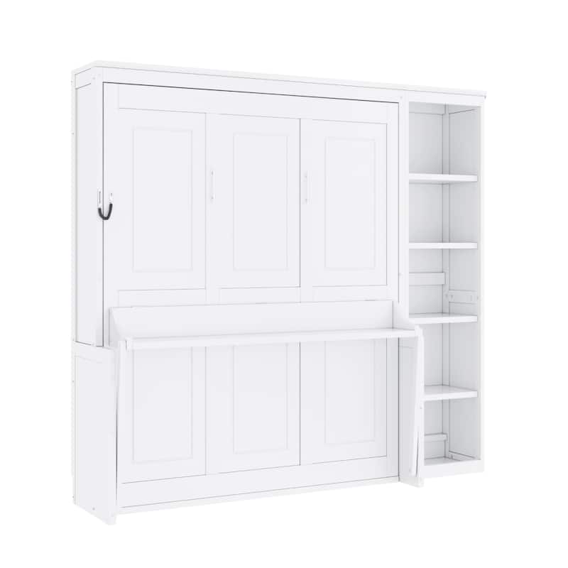 Space-Saving Full Size Murphy Bed with Integrated Desk and Bookshelf in White