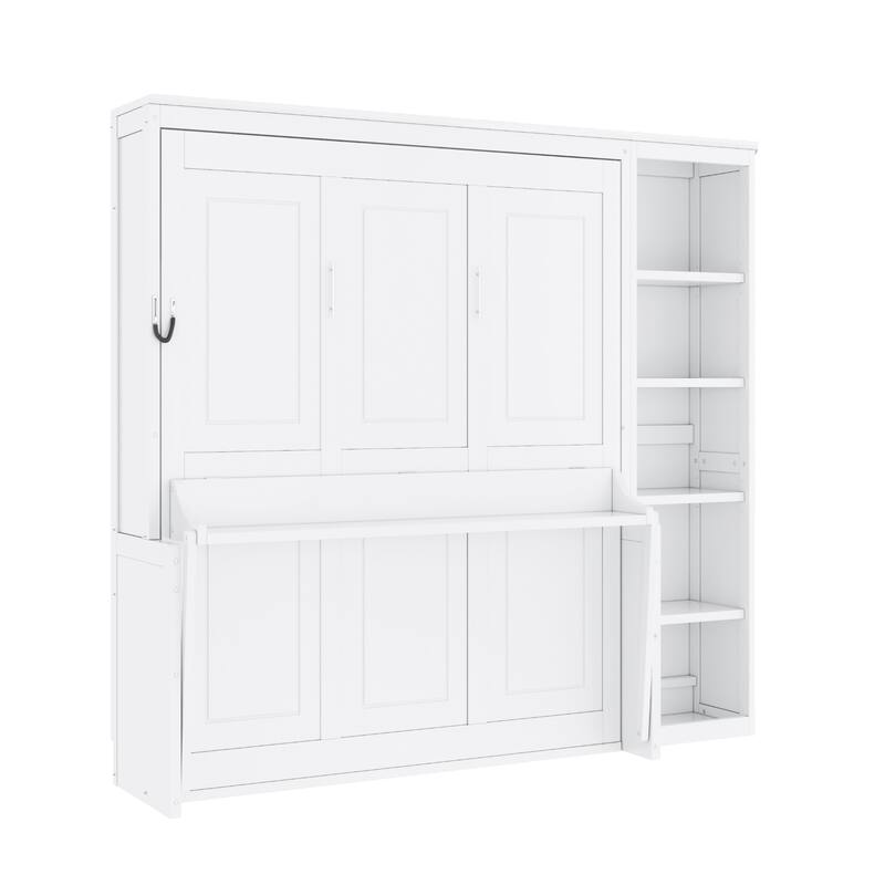 Wooden Murphy Bed Wall Bed with Storage Shelves and Built In Desk, Foldable Platform Bed Frame, Fold into The Wall