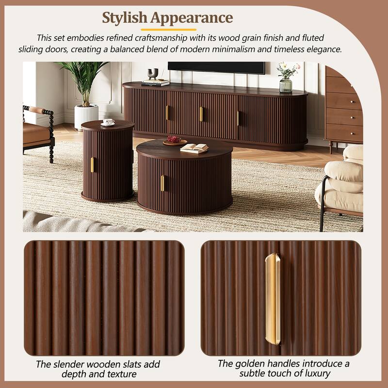 Fluted Sliding Door TV Stand & Coffee Table Set, Wooden Media Cabinet TV Console for TVs up to 75", 3-Piece Living Room Set