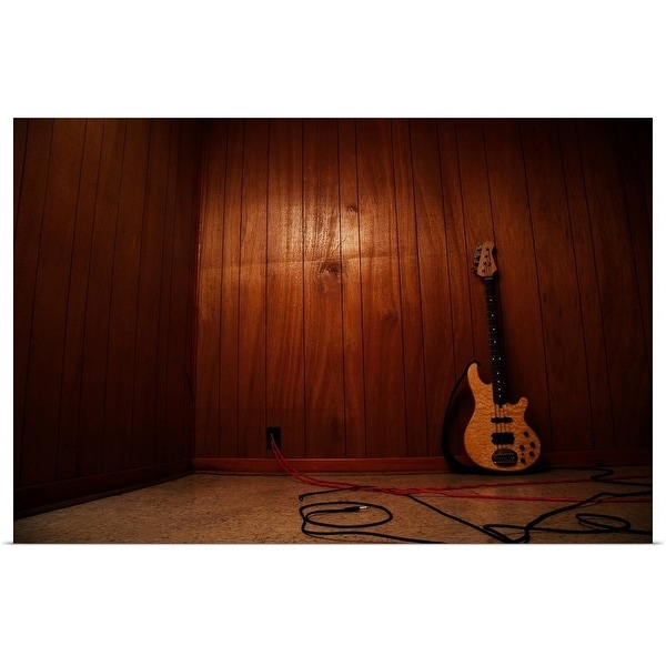 "Guitar leaning against wall indoors" Poster Print
