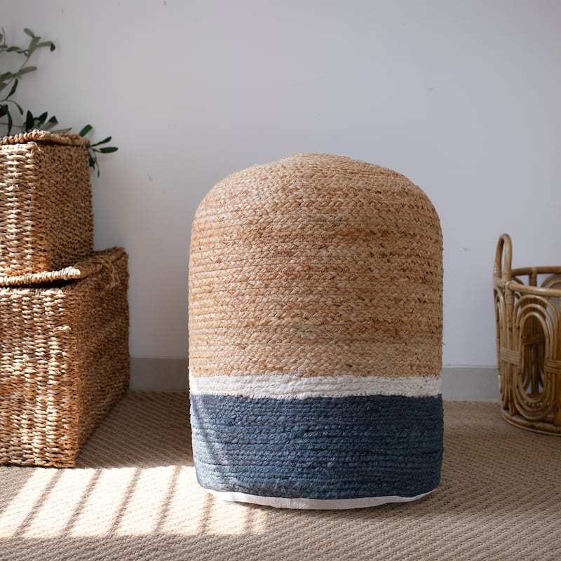 Sevita Natural/Gray Farmhouse Striped Hand-Made Pouf