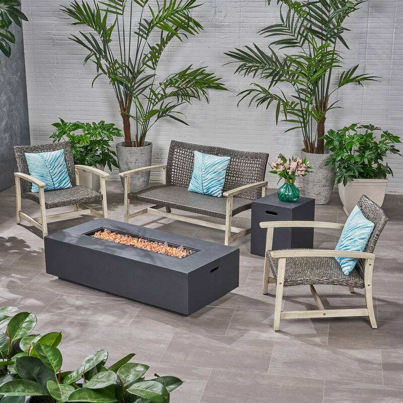 Augusta Outdoor Acacia Wood and Wicker 4 Seater Chat Set with Fire Pit by Christopher Knight Home - Dark Grey/Light Grey/Mixed Black