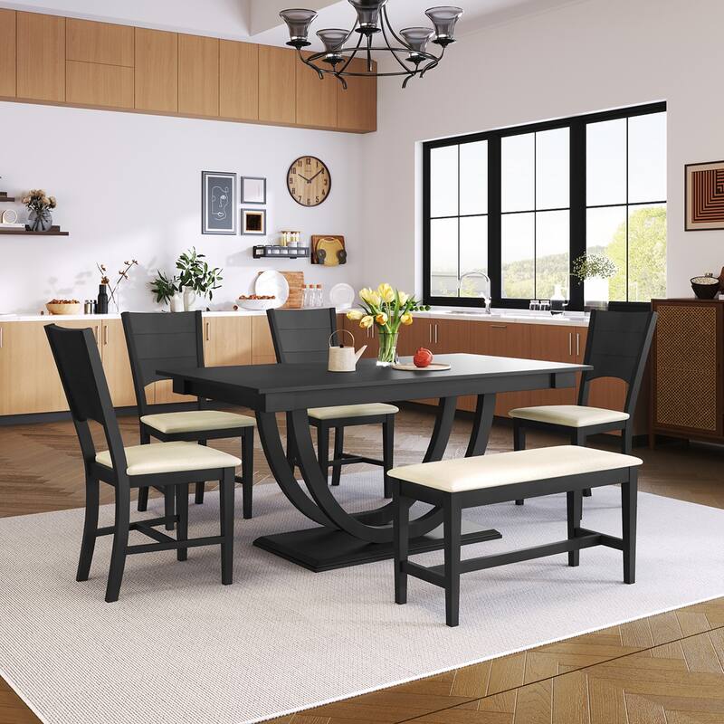 6PCS Wood Dining Table Set With Bench