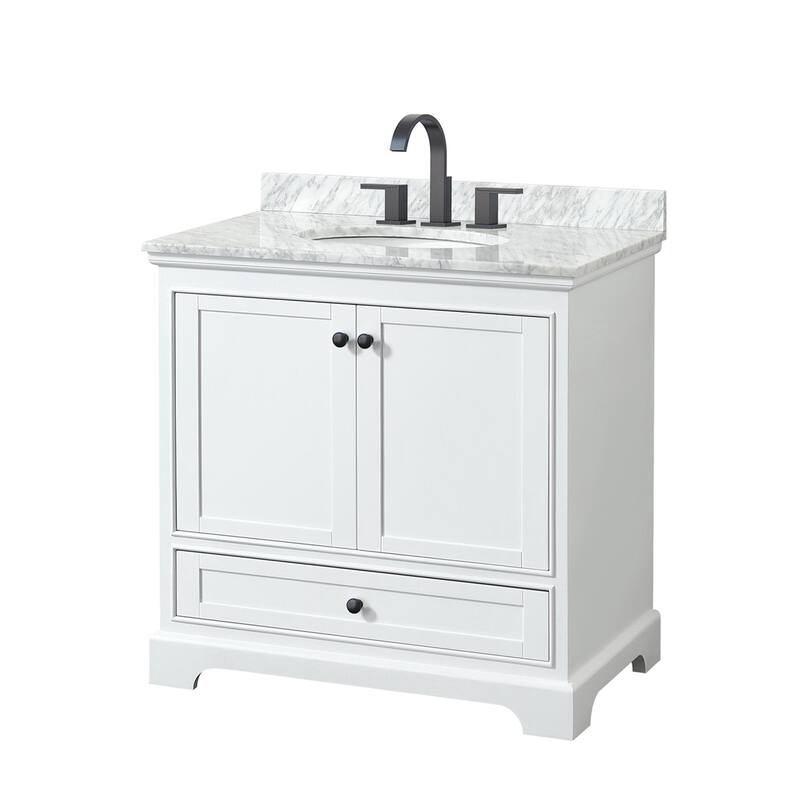 Wyndham Collection Deborah 36" Free Standing Single Vanity Set with - White / White Carrara Marble Top / Matte Black - Painted