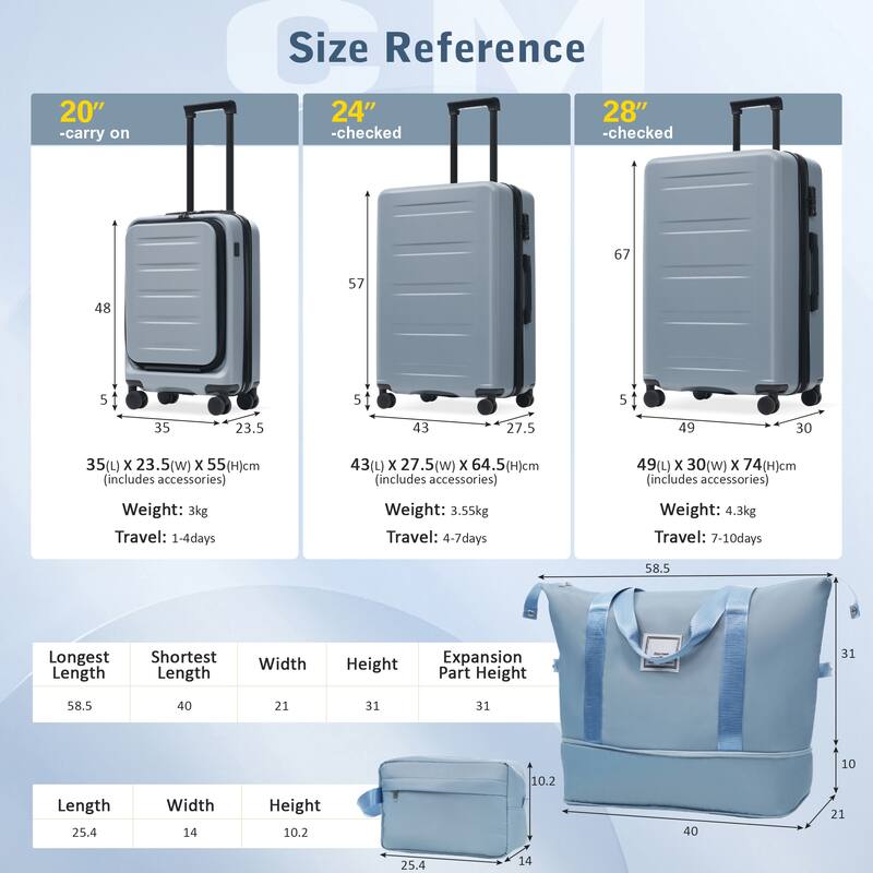 Luggage Sets 5 Piece with Front Opening, Hardside Expandable Carry On Suitcase Set with Double Spinner Wheel with USB Port