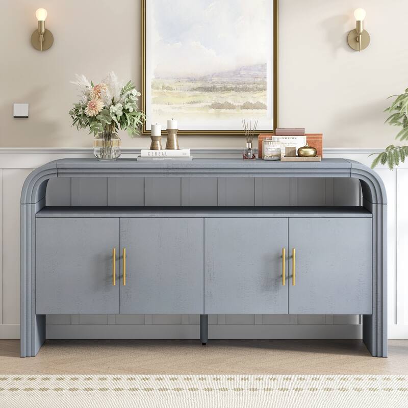 4 Door Arched Sideboard Console Table with Fir Wood Legs, Wooden Display Case Storage Cabinet with Metal Door Handle