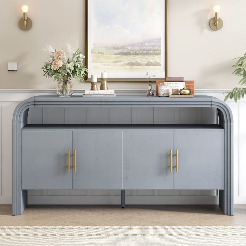 Curved Sideboard with 4 Doors, Wood Accent Entryway Console Table, Freestanding Buffet Cabinet with Open Shelves