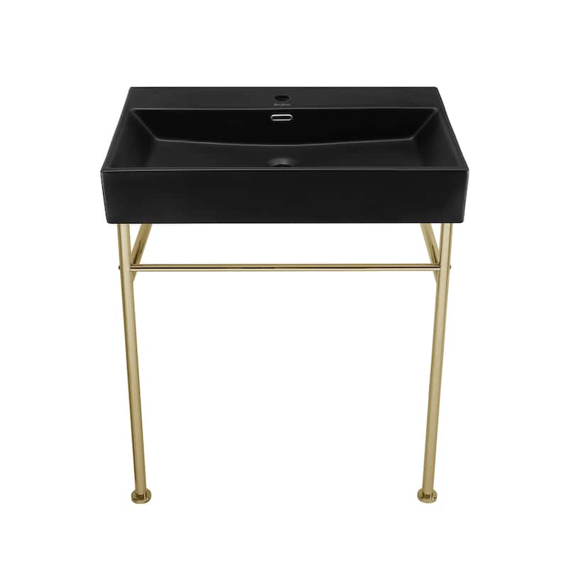 Reims 30 Ceramic Console Sink Matte Black Basin Gold Legs - 29.5" x 16.55" 35.45"