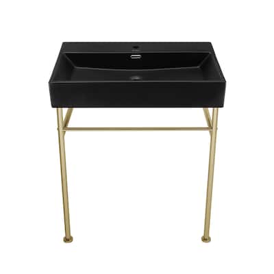 Reims 30 Ceramic Console Sink Matte Black Basin Gold Legs - 29.5" x 16.55" 35.45"