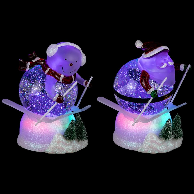 LED Lighted Color Changing Skiing Santa and Snowman Acrylic Christmas Snow Globes - 7.25" - Set of 2