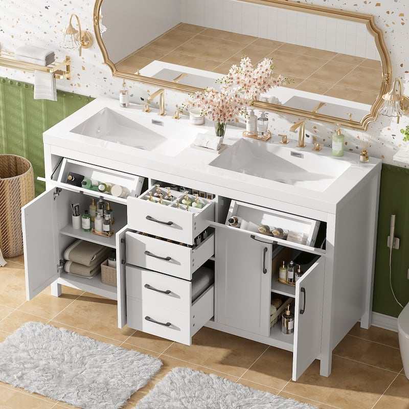 59.3"Bathroom Vanity with Solid Wood Frame, Double SMC Sink, Damping Hinges & Hidden Slides, 4 Doors, 3 Drawers, 2 Flip Drawers