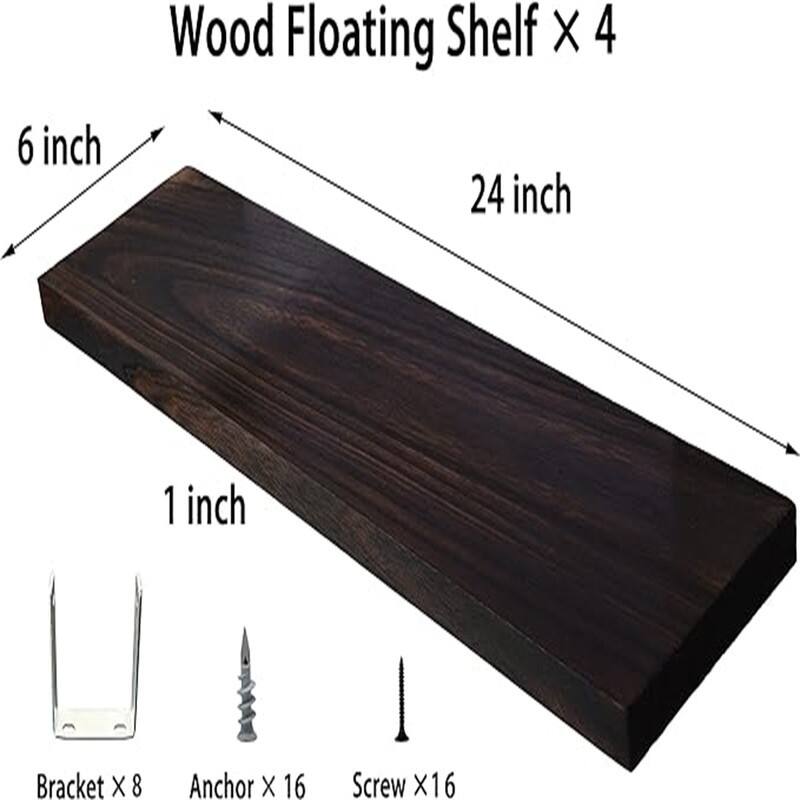 24 Inch Rustic Floating Shelves for Wall Decor Farmhouse Wood Wall Shelf for Bathroom Kitchen Bedroom Living Room Set of 4 Brown
