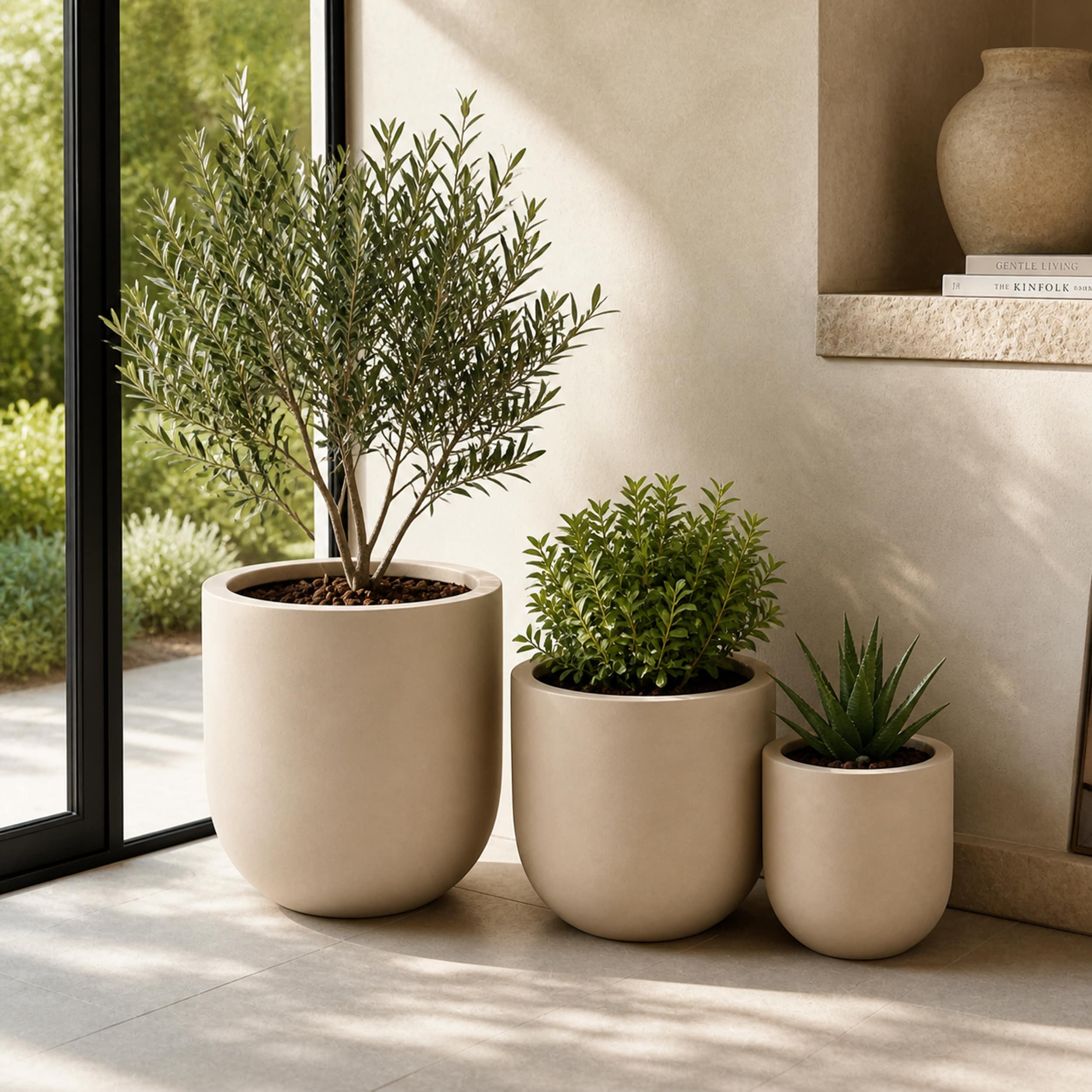 Set of 3 Round Cylinder Polystone Indoor/Outdoor Planters