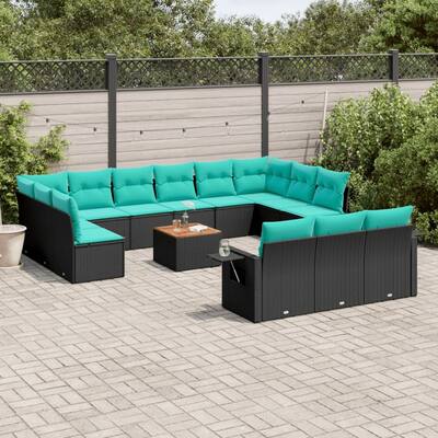 vidaXL 14 Piece Patio Sofa Set with Cushions Black Poly Rattan - 24.4 x 24.4 x 27.2
