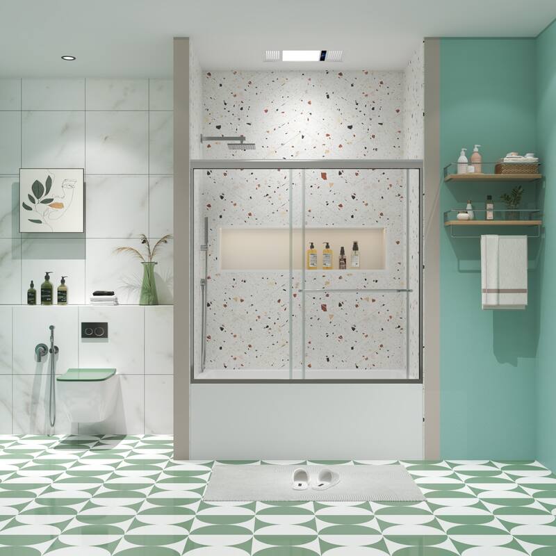 56"-60"W x 58"H Aluminum-framed bathtub door with stainless steel handle