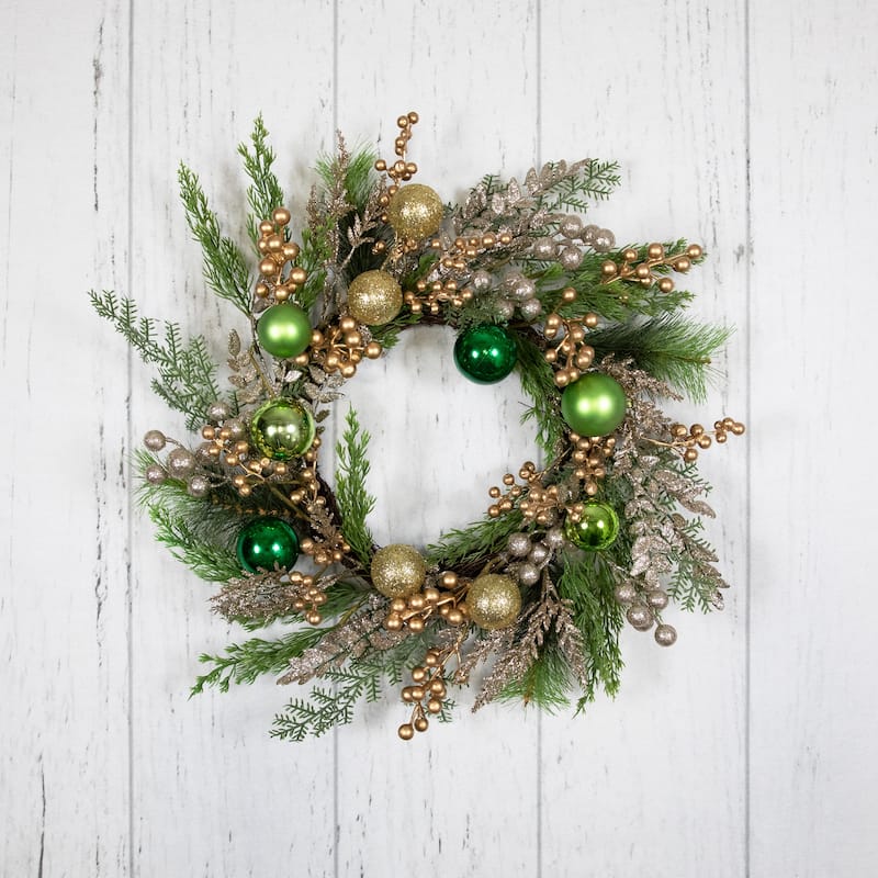 Ornaments and Berries Glittered Artificial Christmas Wreath - 24" - Unlit