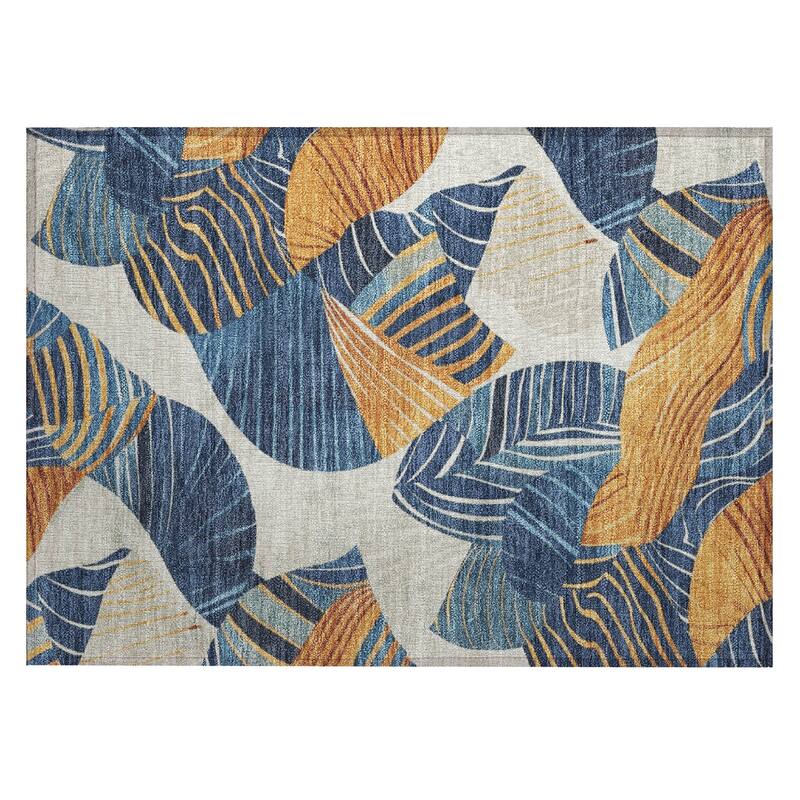Machine Washable Indoor/Outdoor Coastal Palm Leave Chantille Rug