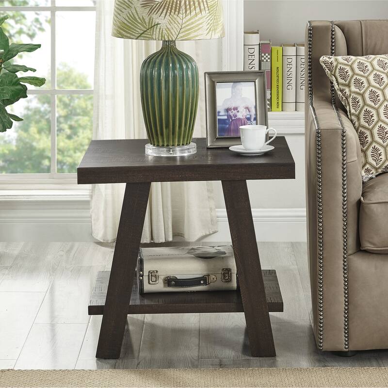 24" Modern Round End Table with Storage Shelf and Overextended Rectangular Top