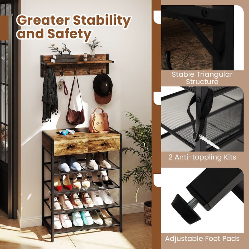 Gymax 5-Tier Shoe Rack w/ Wall-Mounted Coat Rack Hooks Drawers &