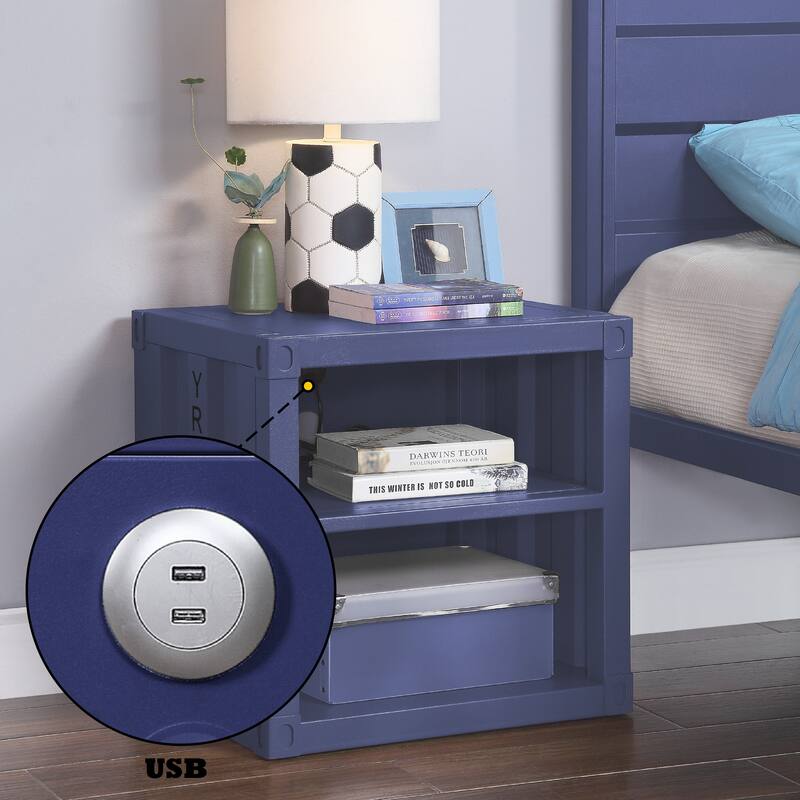 Industrial Design Nightstand, Bedside Decorative Table with USB Port, Sofa Side Table with 2 Open Compartments