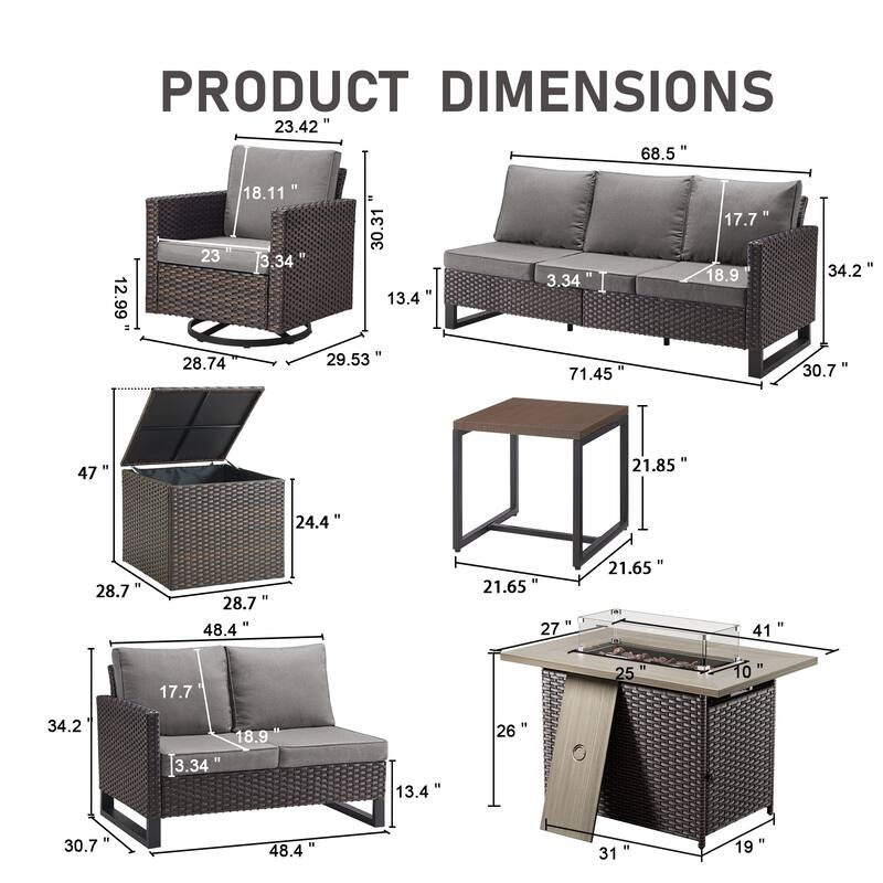 Gymojoy 7 Piece All-Weather Wicker Outdoor Patio Family Conversation Set Group With Fire Pit Table