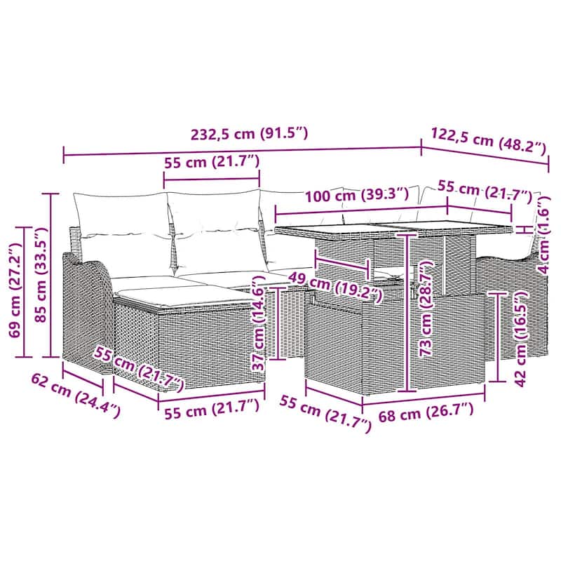 vidaXL 7 Garden Sofa Set with Cushions Black/Brown/Grey Poly Rattan - 91.5 x 48.2 x 27.2