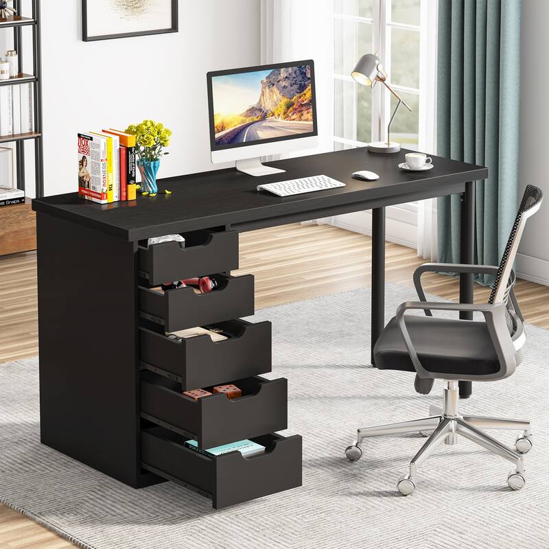PC/Computer Desk with 5 Reversible Drawers, Home Office Desk with Storage, Laptop Desk Study Writing Table Workstation