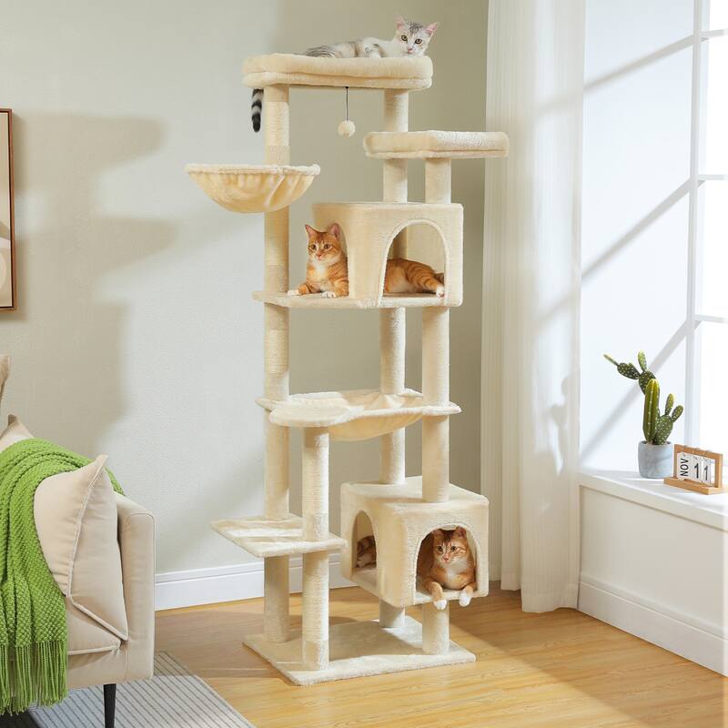 69" Tall Cat Tree Tower for Indoor Large Cats with Super Large Hammock, Scratching Posts, Condo House and Large Top Perch - Beige