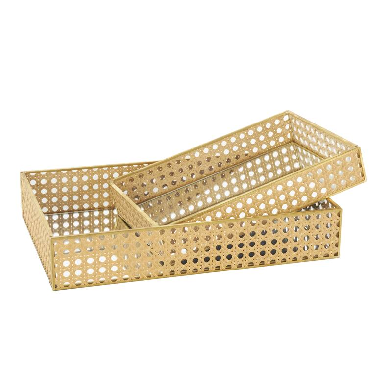Rattan Woven Living Room Decor Tray with Mirrored Glass Interior - Set of 2 Brown - Roche River Decor