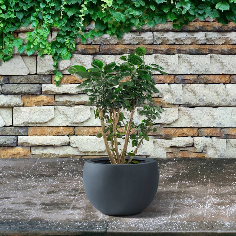 Kante 8 in. H Concrete and Fiberglass Round Bowl Planter, Outdoor Indoor Large Planters Pots with Drainage Hole
