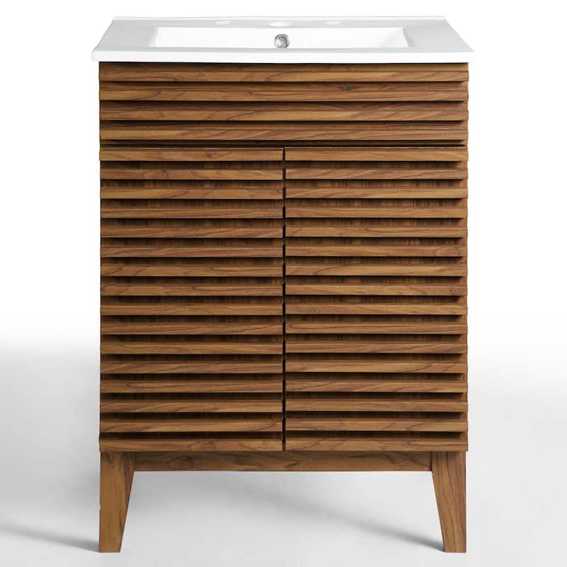 Render 24 Inch Mid-Century Bathroom Vanity With Sink in Walnut White