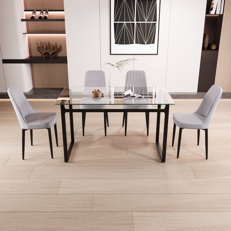 Modern Dining Set with Rectangular Glass Table & PU Upholstered Chairs - 5-Piece Sets - Gray