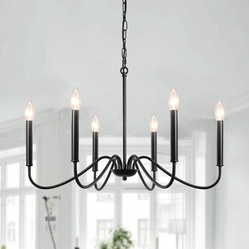 25.59'' W 6-Light Simple Candle Chandelier, Industrial Chandelier, Traditional Metal Ceiling Light for Dining Living Room - Black
