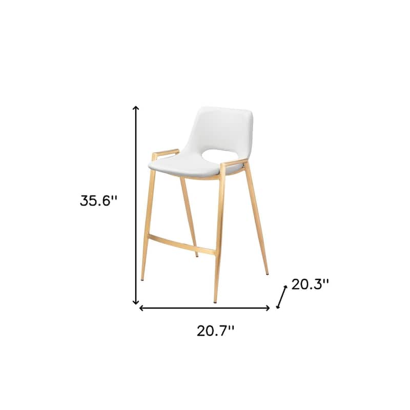 Set of Two 26" White And Gold Faux Leather And Steel Low Back Counter Height Bar Chairs