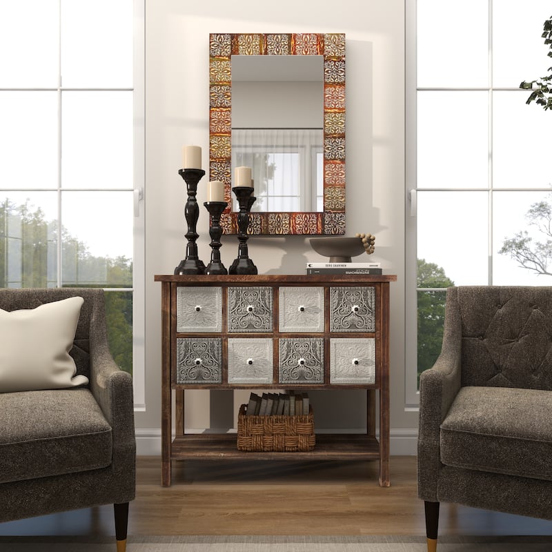 Multi Colored Metal Floral Room Wall Mirror with Embossed Metal