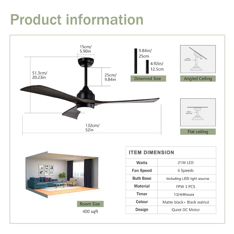 52" Solid Wood Blades Ceiling Fan with Lights Remote Control, Quiet DC Motor 3 Blade Ceiling Fans 6 Speed Levels