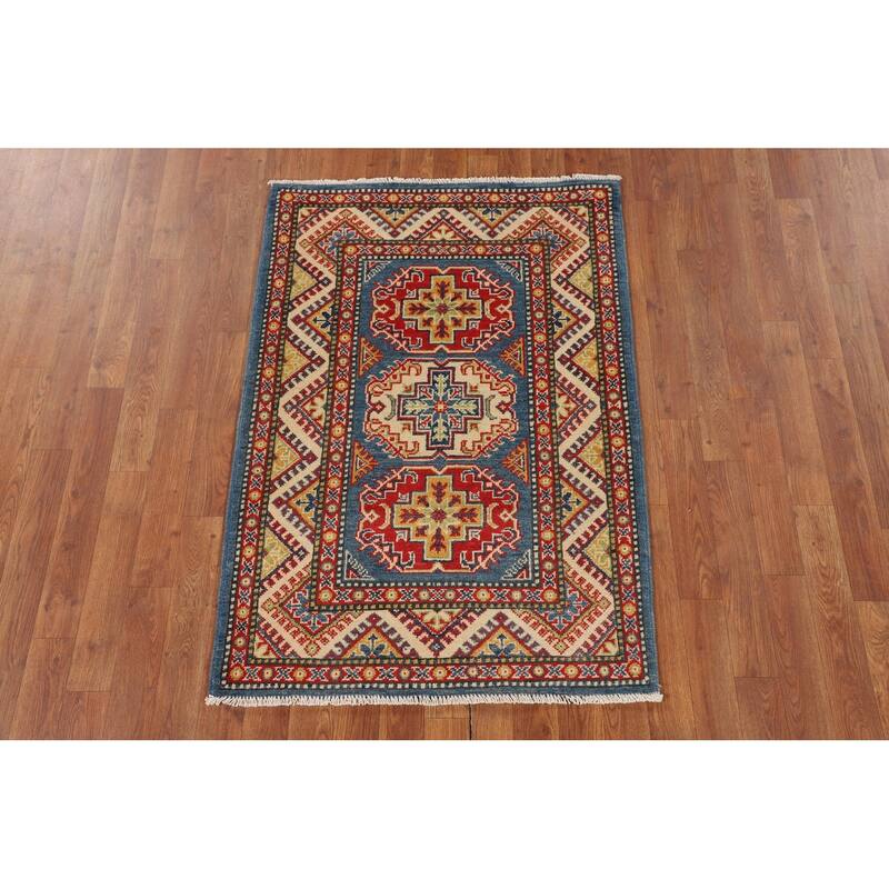 Blue Geometric Kazak Foyer Rug Hand-Knotted Traditional Wool Carpet - 2'10" x 4'1"