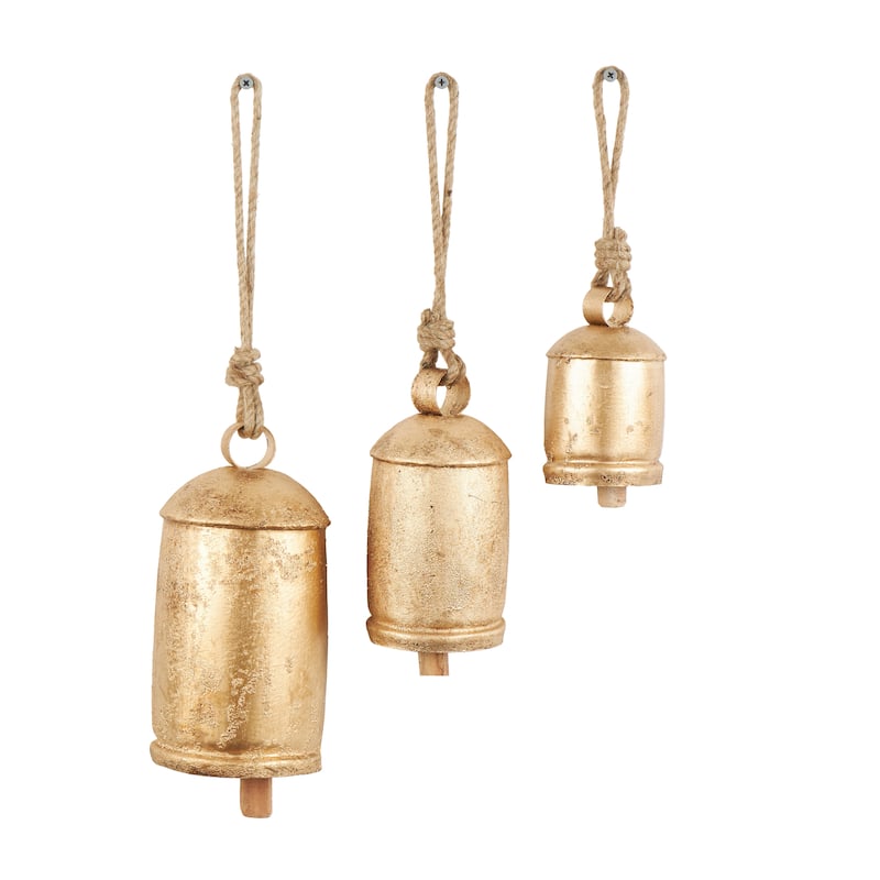 Gold, Gray, Bronze, Black or Red Metal Tibetan Inspired Decorative Cow Bells with Jute Hanging Rope (Set of 3)