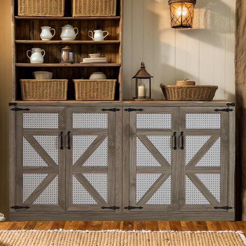 Farmhouse Buffet Cabinet, 65" Sideboard Buffet Cabinet, Rattan Storage Cabinet with 4 Doors - 64.96L*15.75W*34.05H